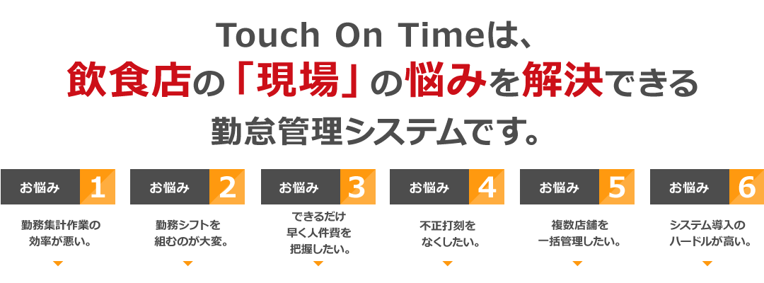 多くの飲食店でご利用いただいている勤怠管理システム「タッチオンタイム」