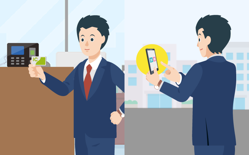 タイムレコーダーで指紋認証をしている先生